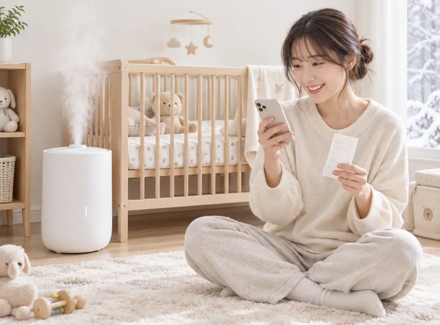 아기방 바닥에 앉아 영수증과 휴대폰을 들고 웃는 여성, 옆에 가습기